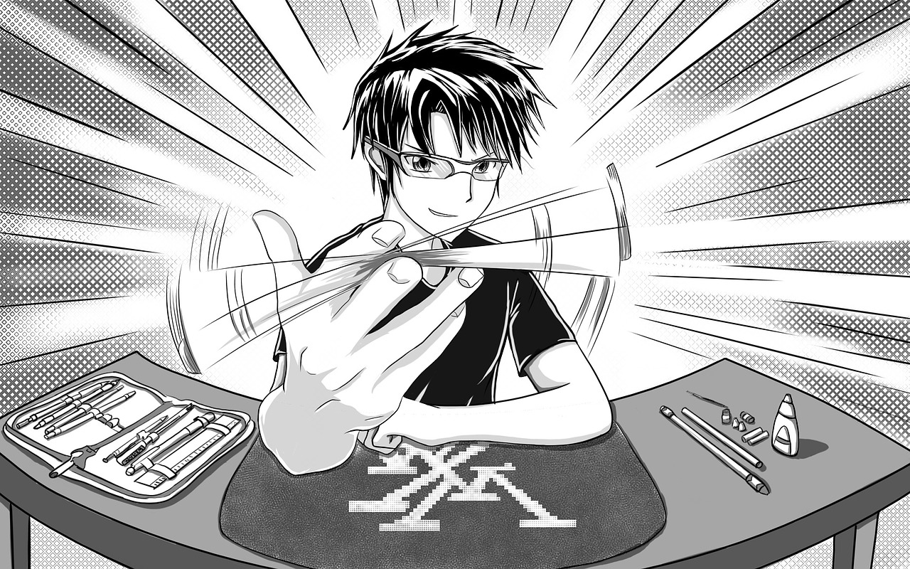 chłopiec w stylu anime przed biurkiem z artykułami piśmienniczymi kręci długopisem